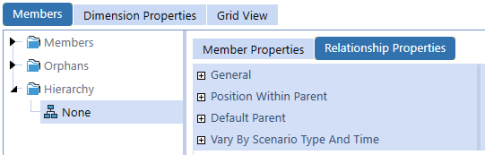 The Relationship Properties tab has a blue background with white text and a list of the types of properties on a light blue background with blue text: General, Position Within Parent, Default Parent, and Vary By Scenario Type and Time. Each item has a plus sign that can be expanded.